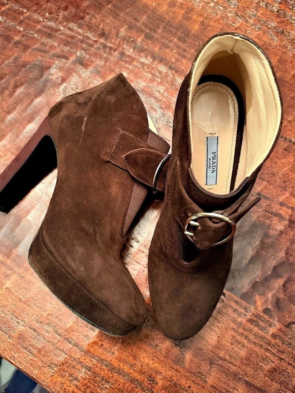 Prada Brown Suede Platform Buckle Booties Heels in Chocolate Brown EU 37.5 EUC